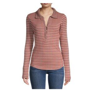 FREE PEOPLE Delilah Checker Polo Ribbed Knit LS Henley Neck Collar Women's Large
